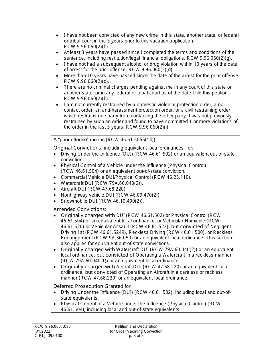Form CrRLJ09.0100 Petition and Declaration for Order Vacating Conviction - Washington, Page 3