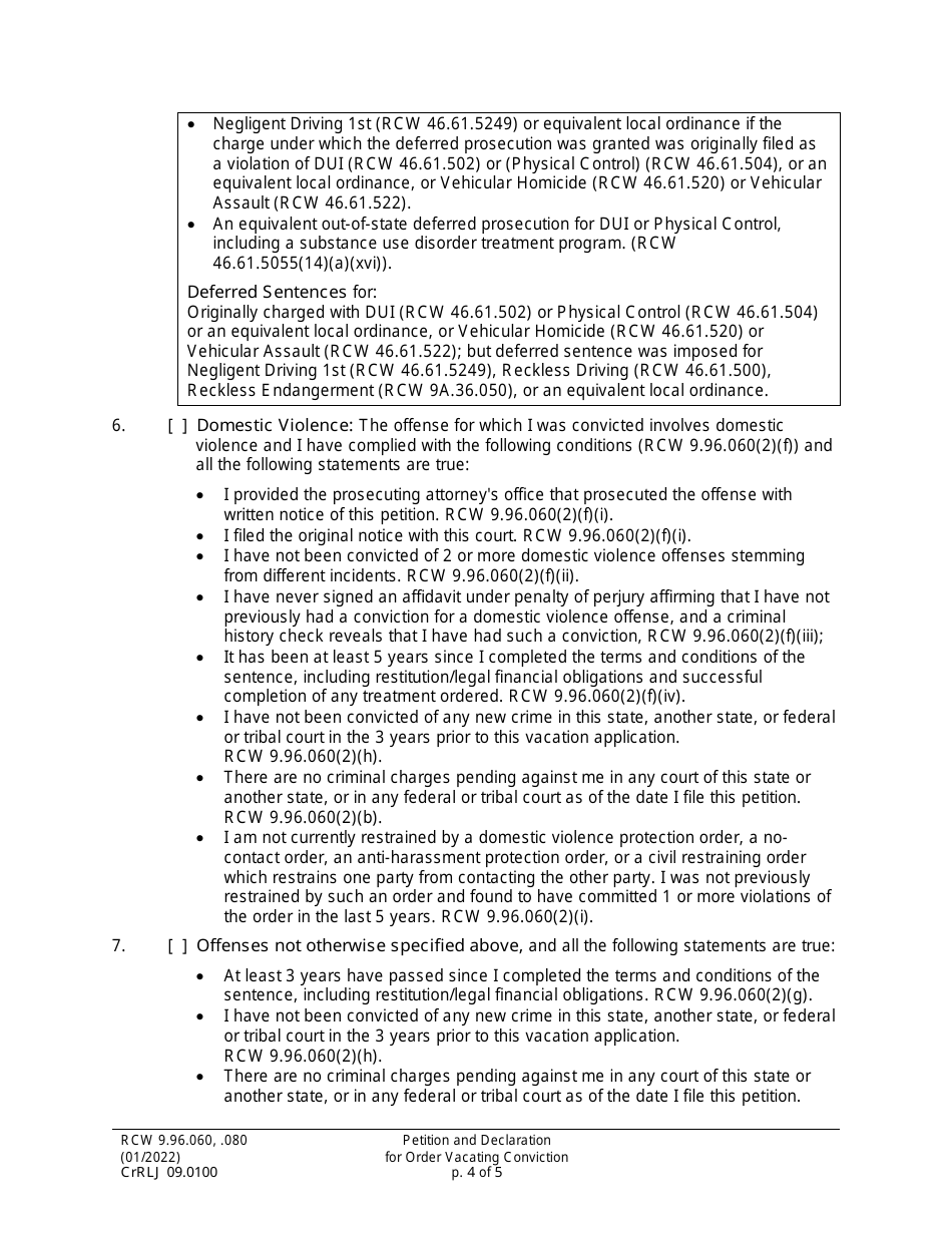Form CrRLJ09.0100 Petition and Declaration for Order Vacating Conviction - Washington, Page 4