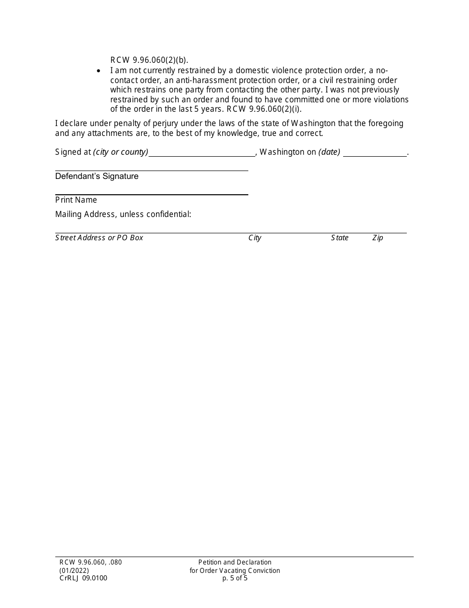Form CrRLJ09.0100 Petition and Declaration for Order Vacating Conviction - Washington, Page 5