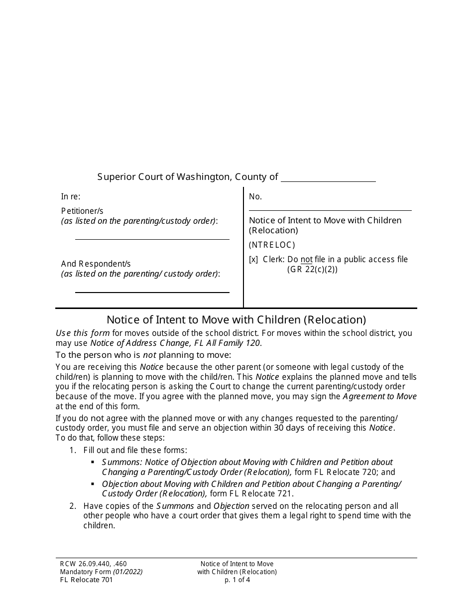 Form FL Relocate701 Notice of Intent to Move With Children (Relocation) - Washington, Page 1