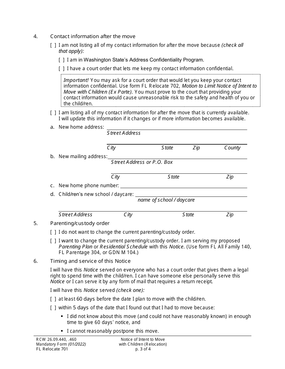 Form FL Relocate701 Notice of Intent to Move With Children (Relocation) - Washington, Page 3