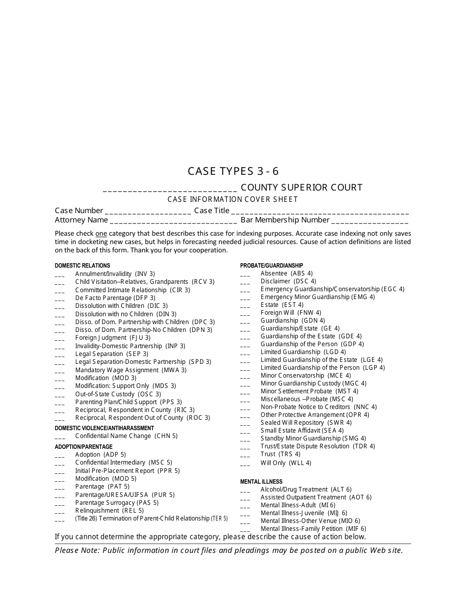 Case Types 3-6 - Case Information Cover Sheet - Washington, Page 1