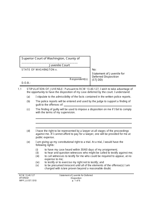 Form WPF JU07.1310 Statement of Juvenile for Deferred Disposition (Stjdd) - Washington