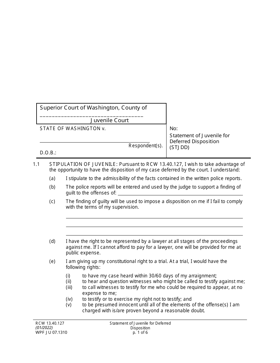 Form WPF JU07.1310 Statement of Juvenile for Deferred Disposition (Stjdd) - Washington, Page 1