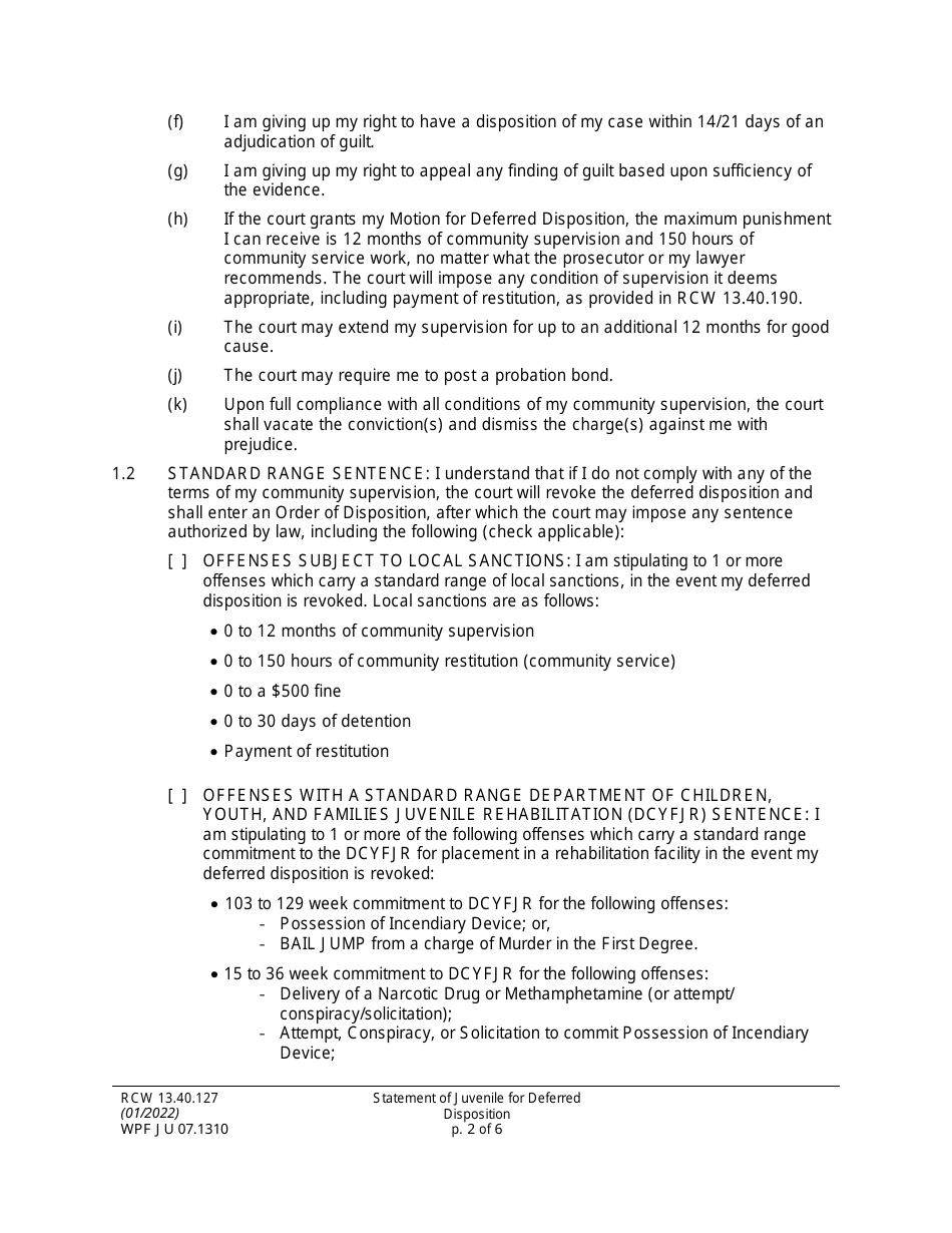 Form WPF JU07.1310 Statement of Juvenile for Deferred Disposition (Stjdd) - Washington, Page 2