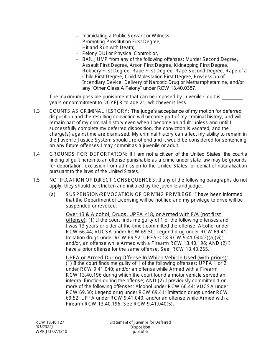 Form WPF JU07.1310 Statement of Juvenile for Deferred Disposition (Stjdd) - Washington, Page 3