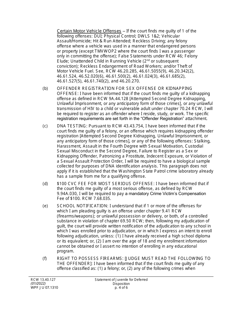 Form WPF JU07.1310 Statement of Juvenile for Deferred Disposition (Stjdd) - Washington, Page 4