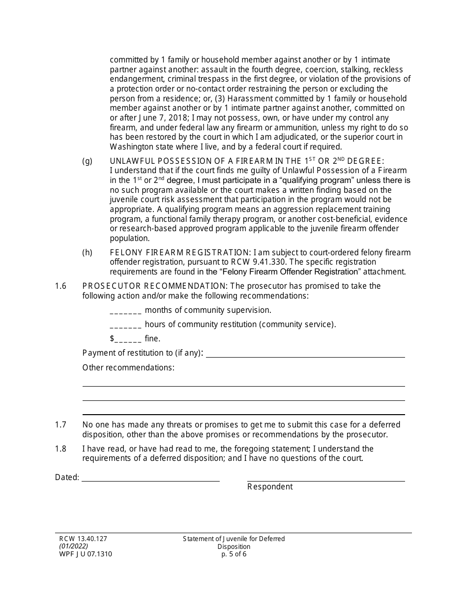 Form WPF JU07.1310 Statement of Juvenile for Deferred Disposition (Stjdd) - Washington, Page 5