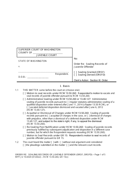 Form WPF JU10.0320 Order Re: Sealing Records of Juvenile Offender (Orsf) (Orsfd) - Washington