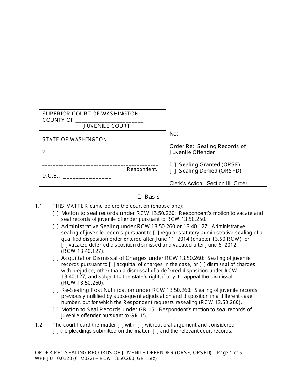 Form WPF JU10.0320 Order Re: Sealing Records of Juvenile Offender (Orsf) (Orsfd) - Washington, Page 1