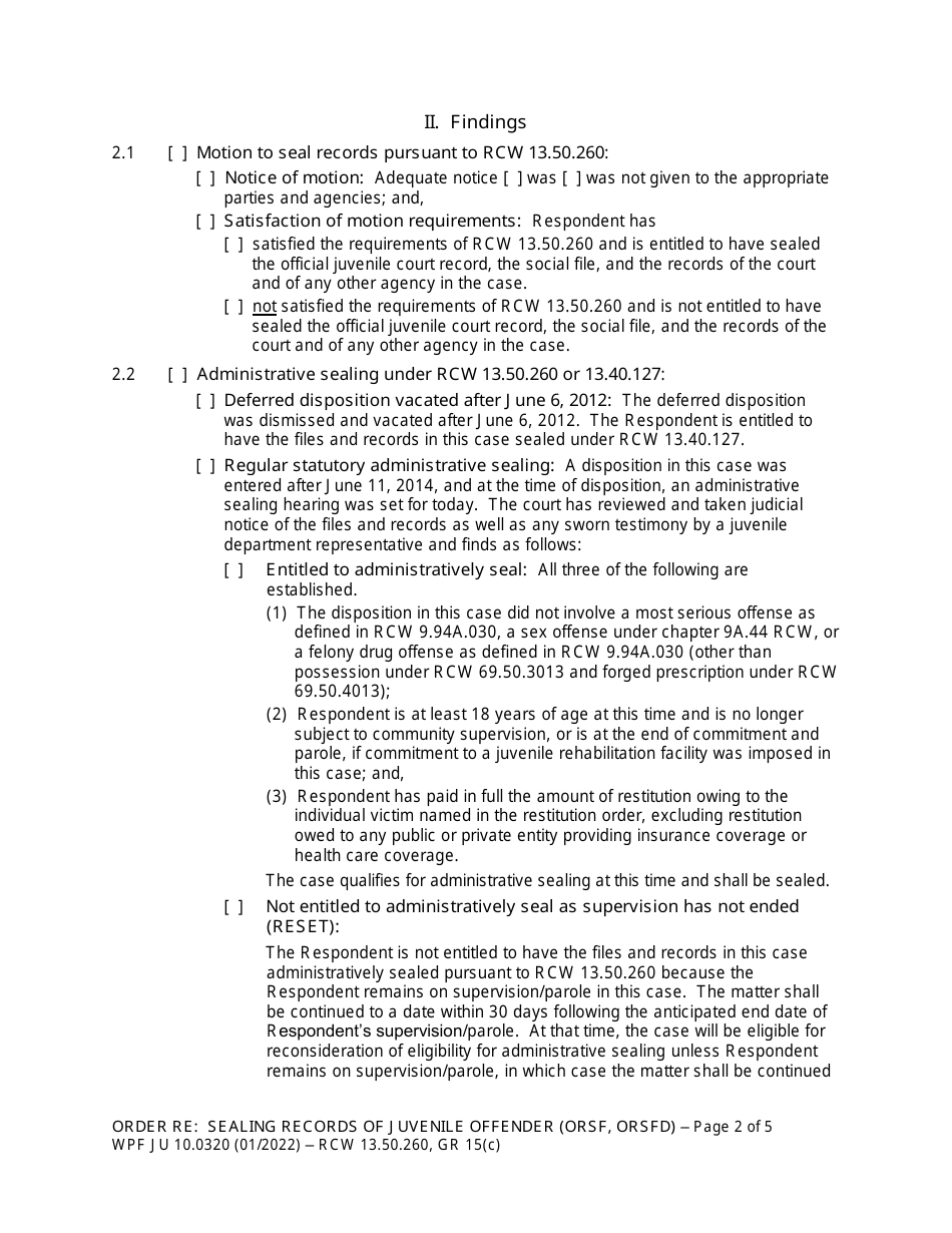 Form WPF JU10.0320 Order Re: Sealing Records of Juvenile Offender (Orsf) (Orsfd) - Washington, Page 2