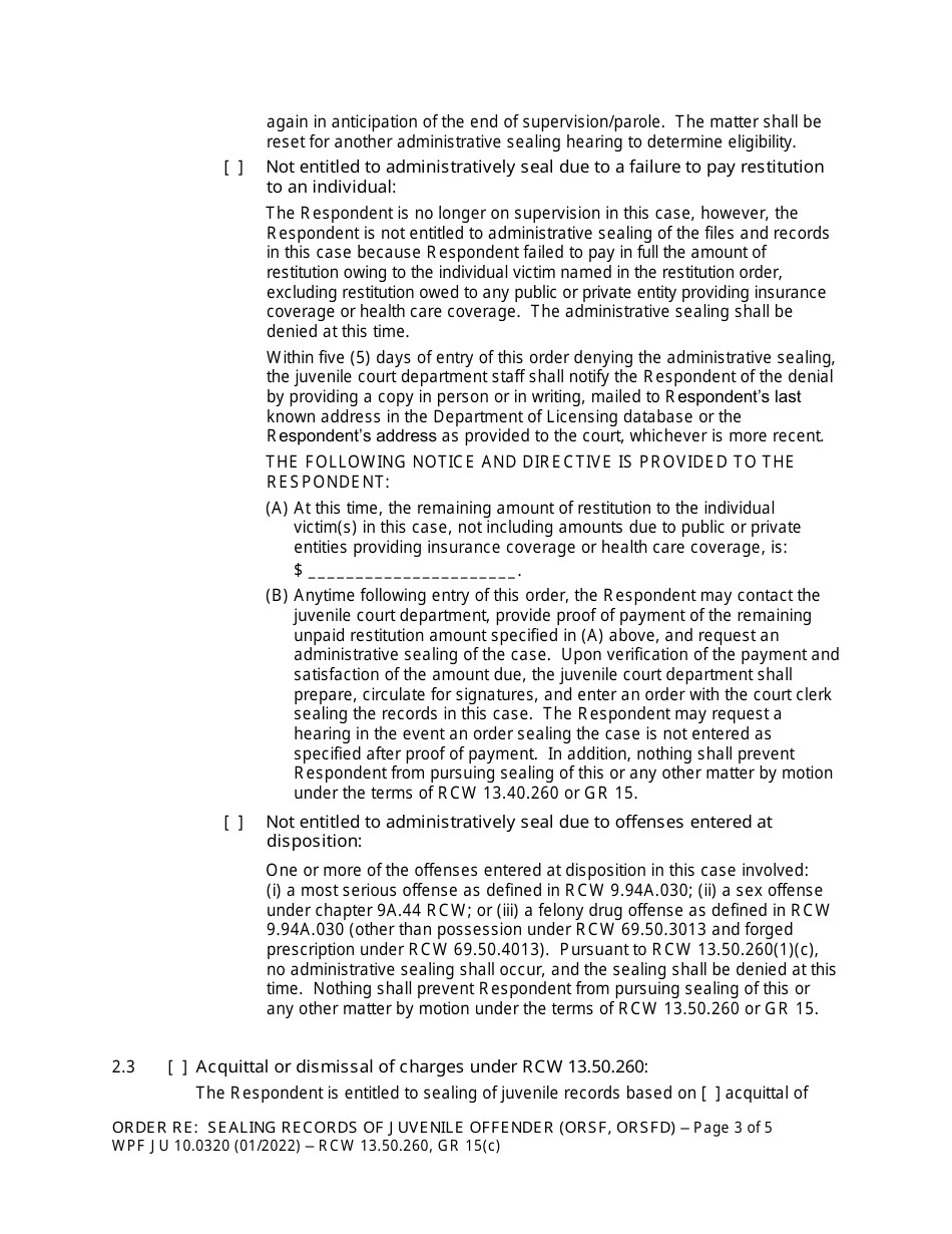Form WPF JU10.0320 Order Re: Sealing Records of Juvenile Offender (Orsf) (Orsfd) - Washington, Page 3