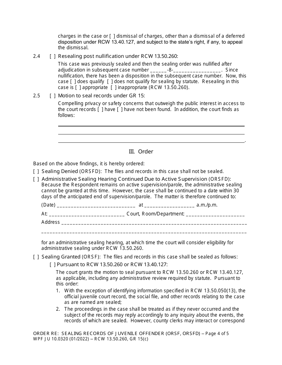 Form WPF JU10.0320 Order Re: Sealing Records of Juvenile Offender (Orsf) (Orsfd) - Washington, Page 4