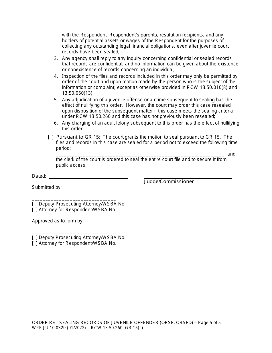 Form WPF JU10.0320 Order Re: Sealing Records of Juvenile Offender (Orsf) (Orsfd) - Washington, Page 5