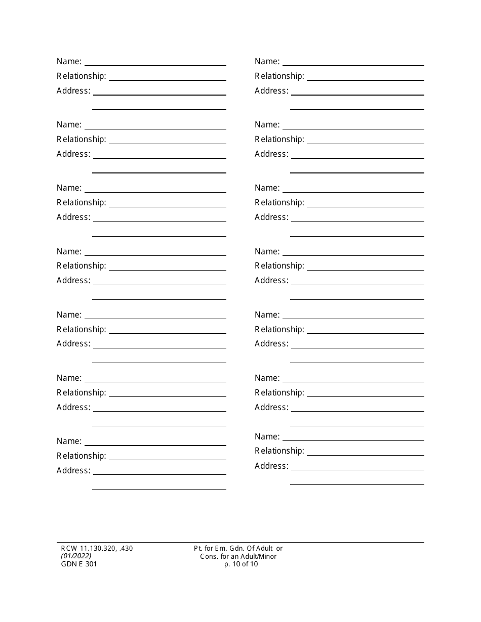 Form GDN E301 Petition for Emergency Guardianship of an Adult and / or Conservatorship of an Adult / Minor - Washington, Page 10