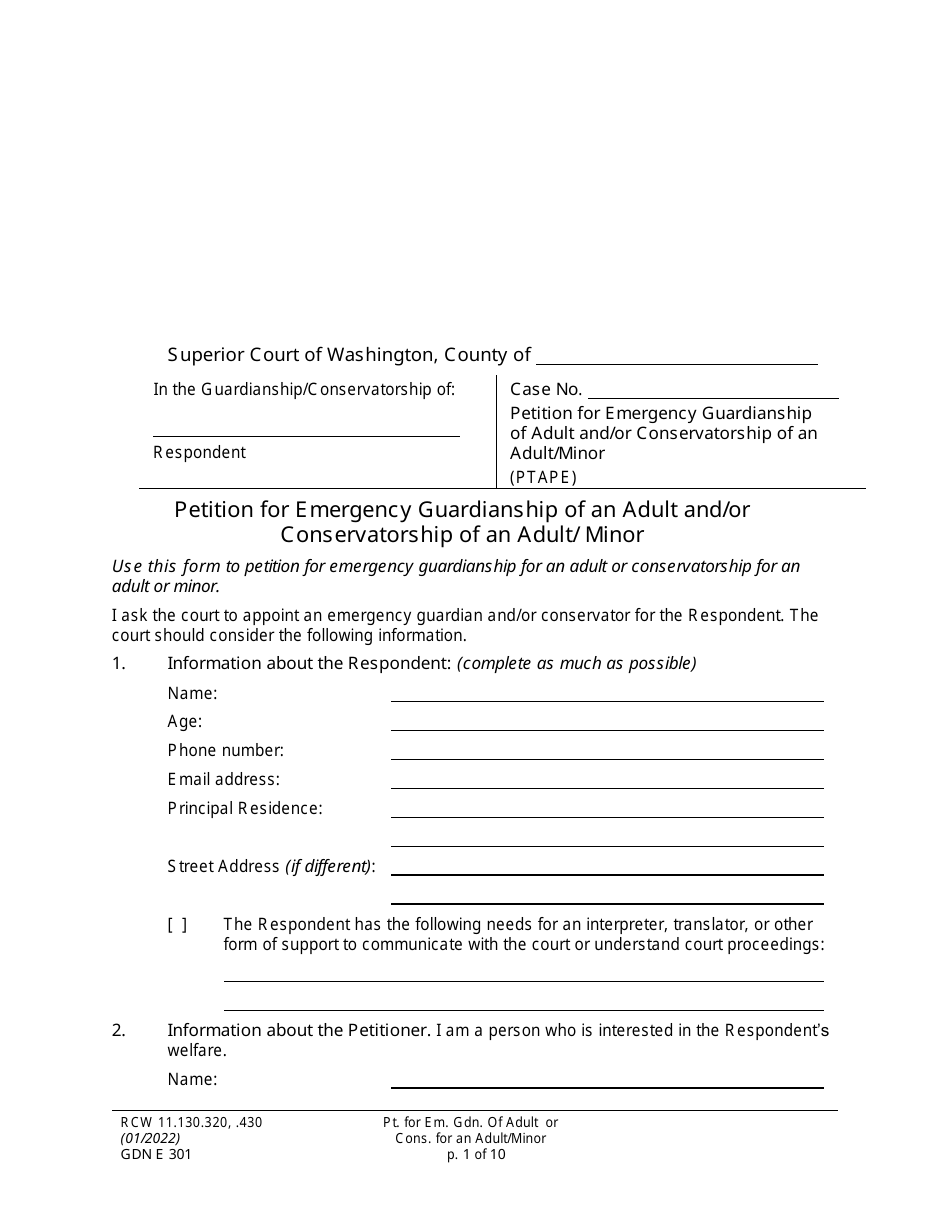 Form GDN E301 Petition for Emergency Guardianship of an Adult and / or Conservatorship of an Adult / Minor - Washington, Page 1