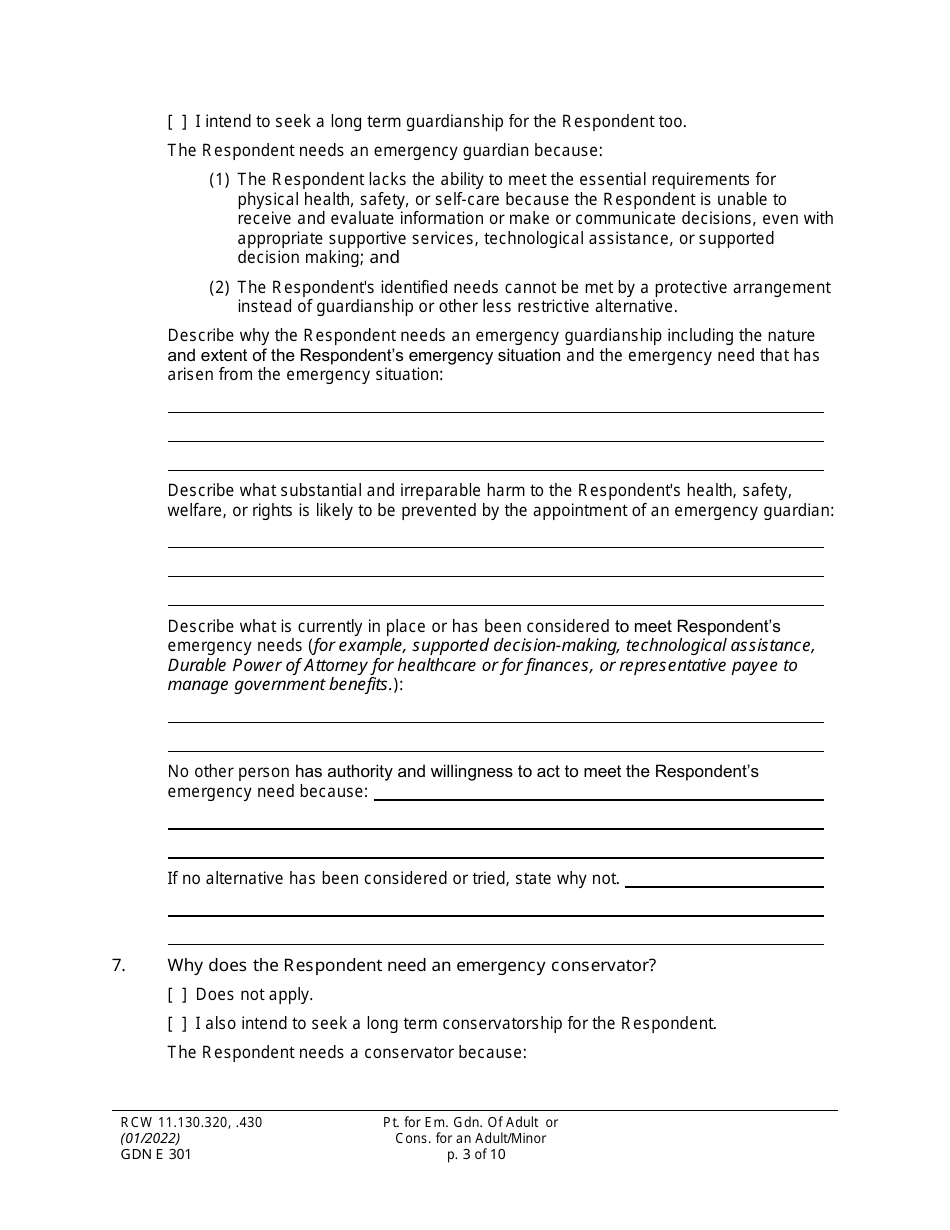 Form GDN E301 Petition for Emergency Guardianship of an Adult and / or Conservatorship of an Adult / Minor - Washington, Page 3