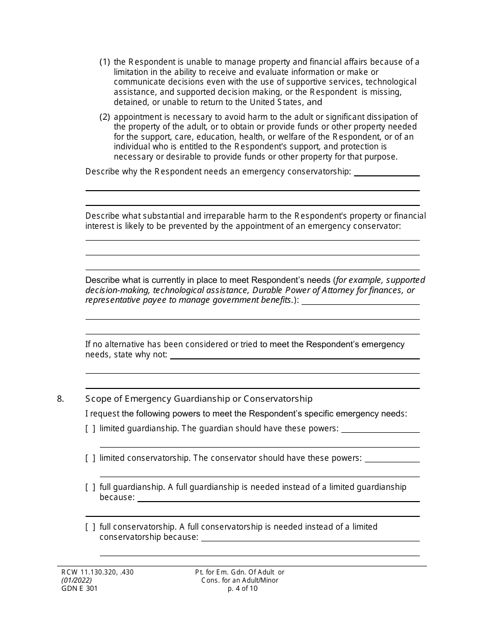 Form GDN E301 Petition for Emergency Guardianship of an Adult and / or Conservatorship of an Adult / Minor - Washington, Page 4