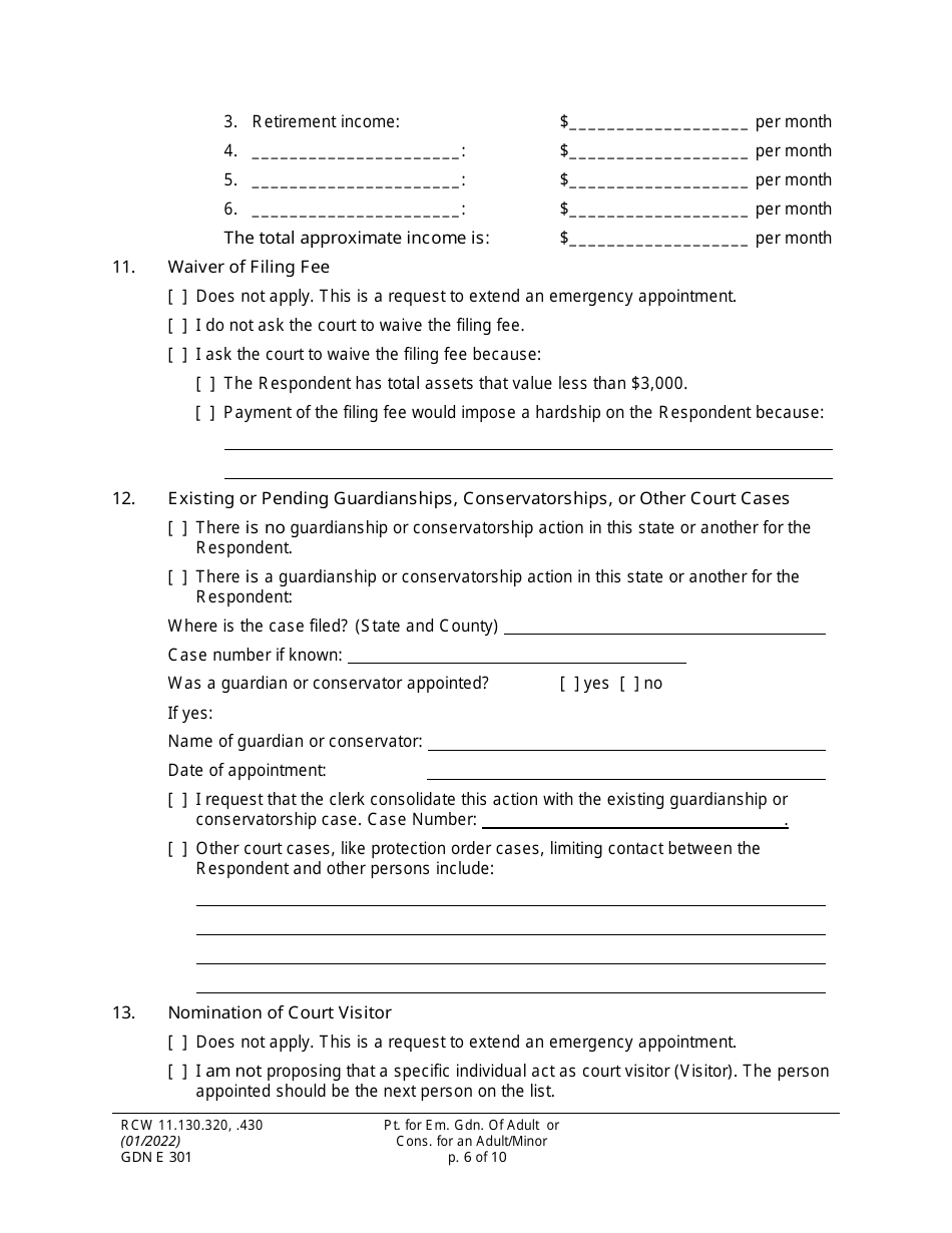 Form GDN E301 Petition for Emergency Guardianship of an Adult and / or Conservatorship of an Adult / Minor - Washington, Page 6