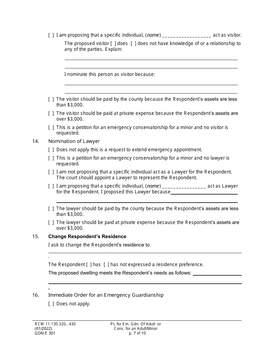 Form GDN E301 Petition for Emergency Guardianship of an Adult and / or Conservatorship of an Adult / Minor - Washington, Page 7