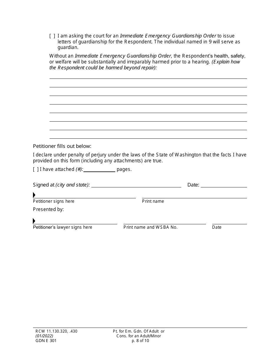 Form GDN E301 Petition for Emergency Guardianship of an Adult and / or Conservatorship of an Adult / Minor - Washington, Page 8