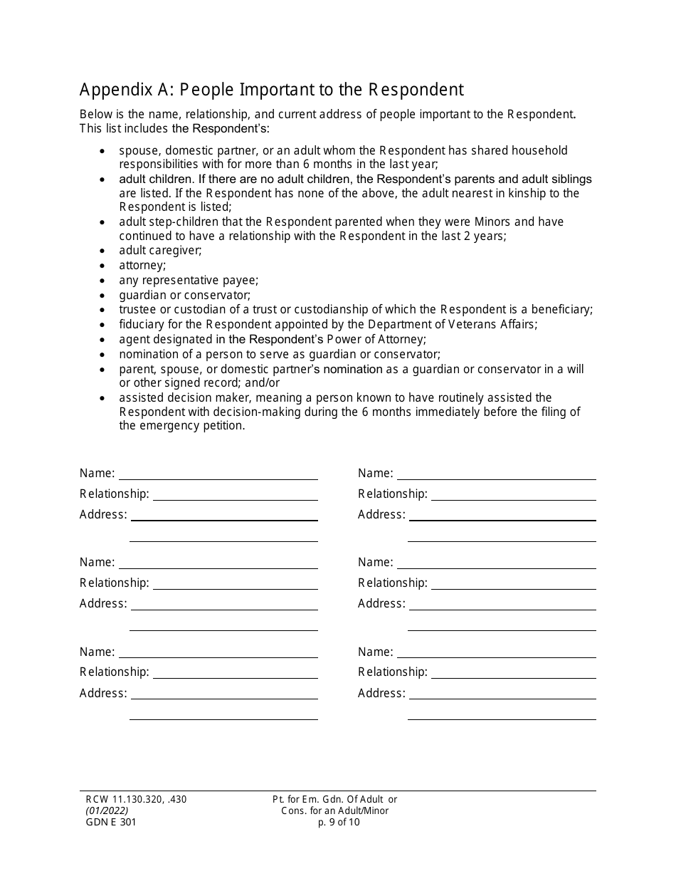 Form GDN E301 Petition for Emergency Guardianship of an Adult and / or Conservatorship of an Adult / Minor - Washington, Page 9