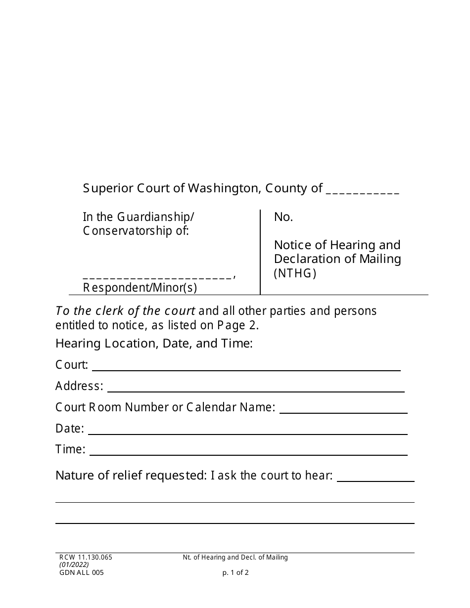 Form GDN ALL005 Notice of Hearing and Declaration of Mailing - Washington, Page 1