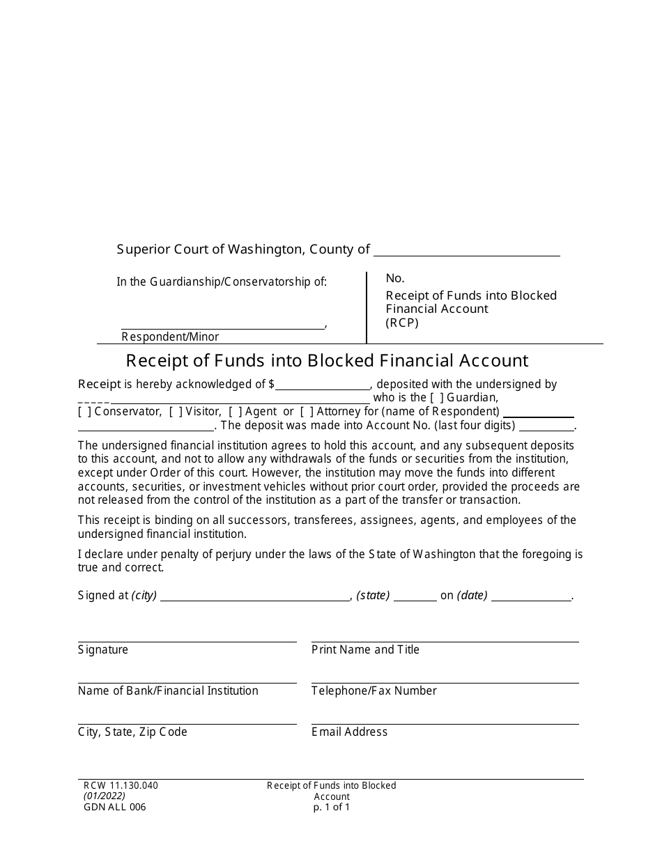 Form GDN ALL006 Receipt of Funds Into Blocked Financial Account - Washington, Page 1
