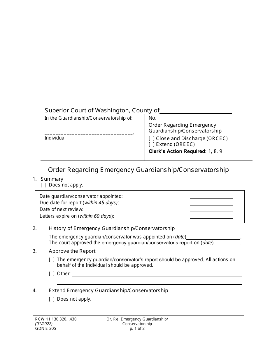 Form GDN E305 Order Regarding Emergency Guardianship / Conservatorship (Close or Extend) - Washington, Page 1