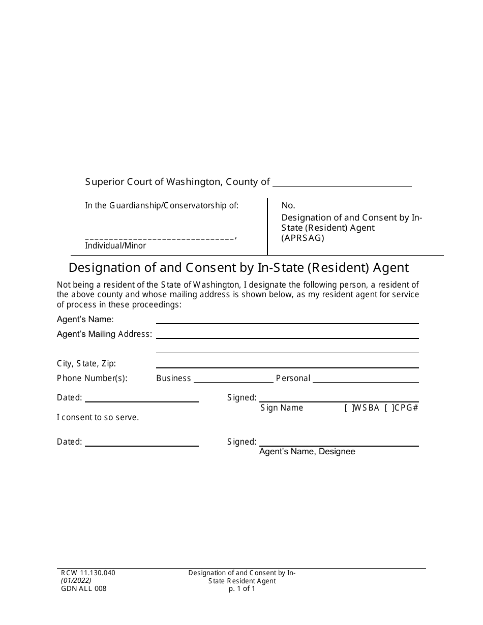 Form GDN ALL008 Designation of and Consent by in-State (Resident) Agent - Washington, Page 1