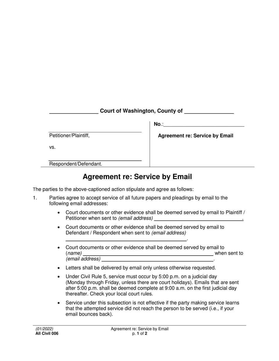 Form All Civil006 Agreement Re: Service by Email - Washington, Page 1