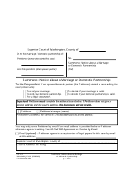 Document preview: Form FL Divorce200 Summons: Notice About a Marriage or Domestic Partnership - Washington