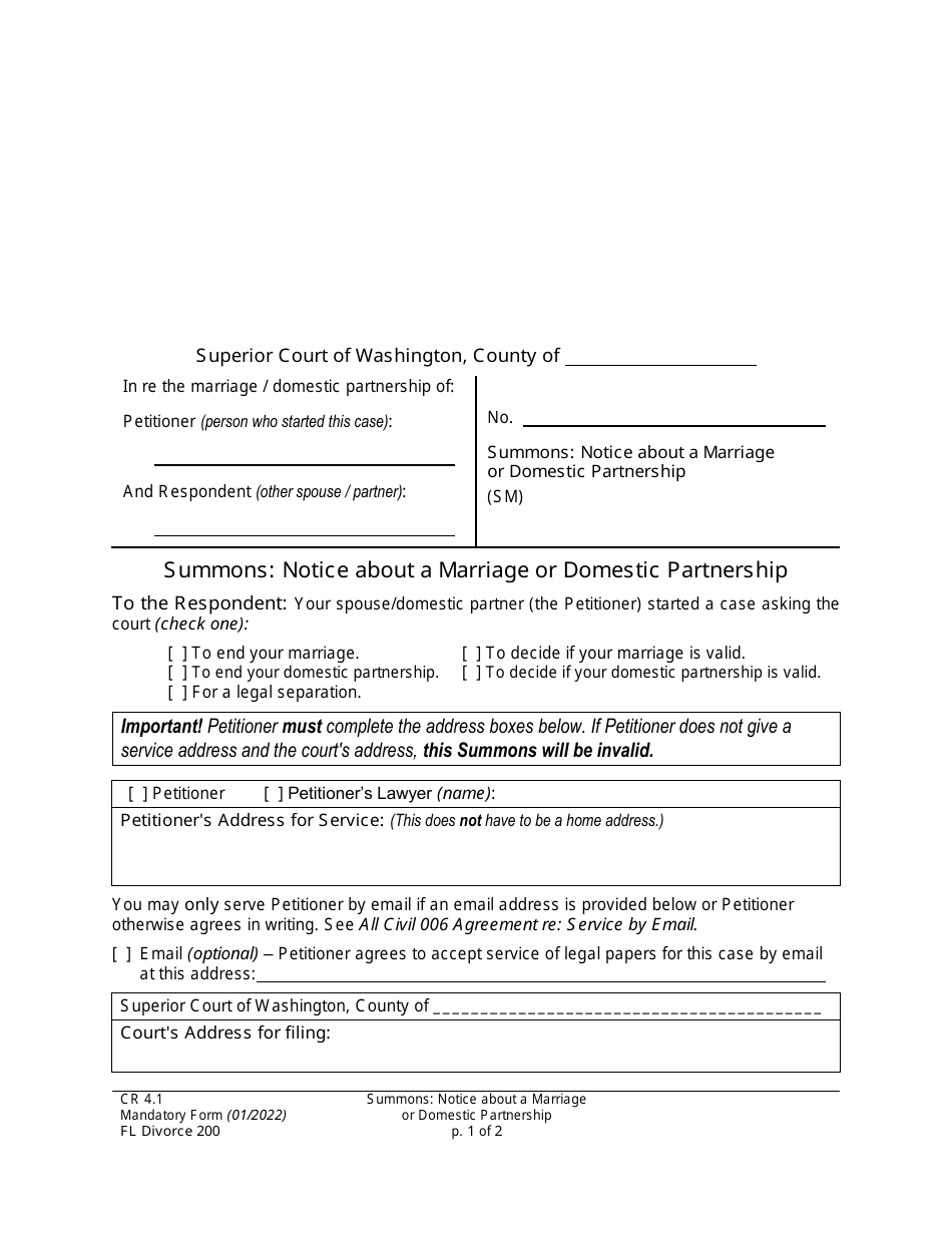 Form FL Divorce200 Summons: Notice About a Marriage or Domestic Partnership - Washington, Page 1