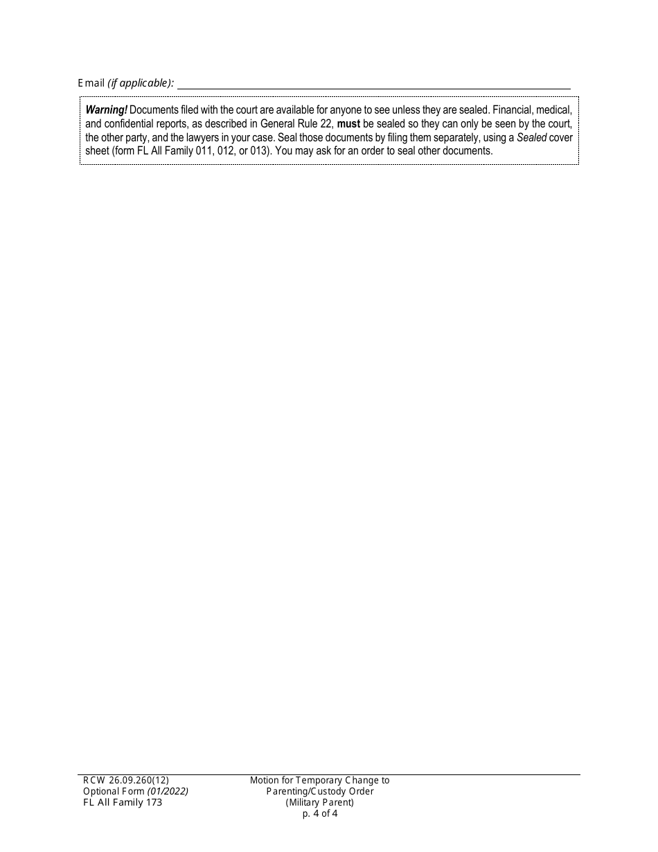 Form FL All Family173 Motion for Temporary Change to Parenting / Custody Order (Military Parent) - Washington, Page 4