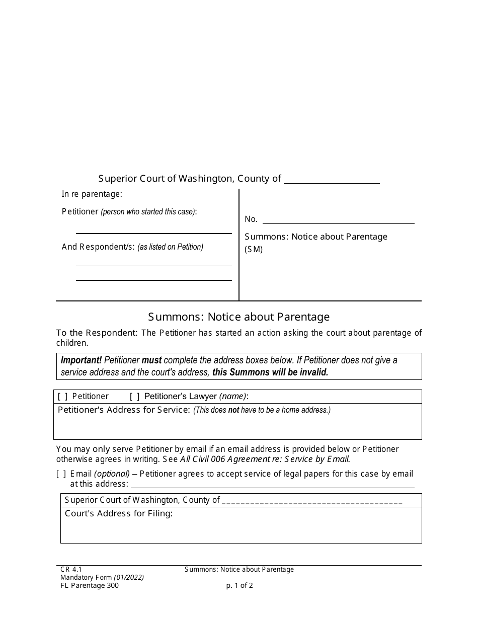 Form FL Parentage300 Summons: Notice About Parentage - Washington, Page 1