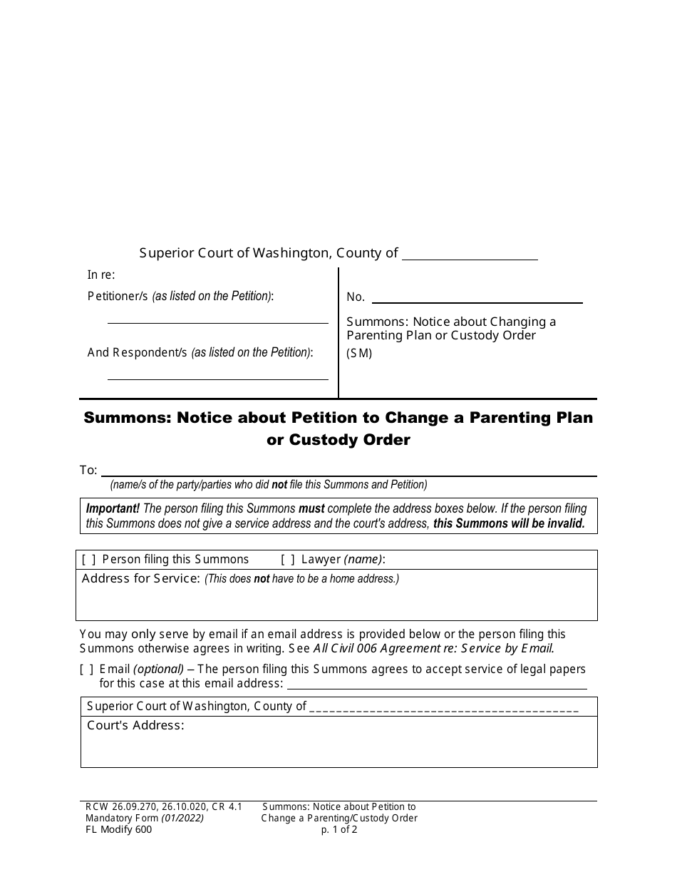 Form FL Modify600 Summons: Notice About Petition to Change a Parenting Plan or Custody Order - Washington, Page 1