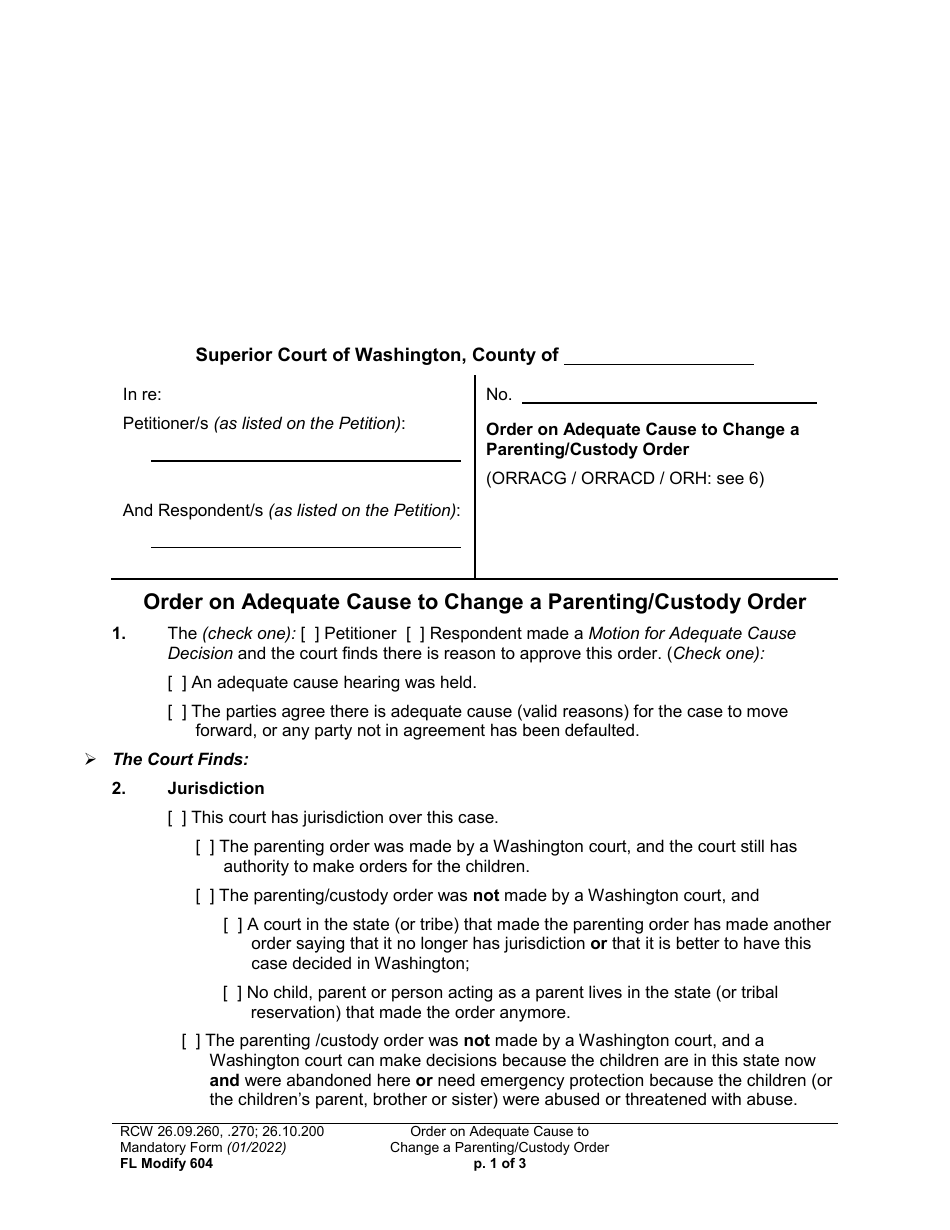 Form FL Modify604 Order on Adequate Cause to Change a Parenting / Custody Order - Washington, Page 1