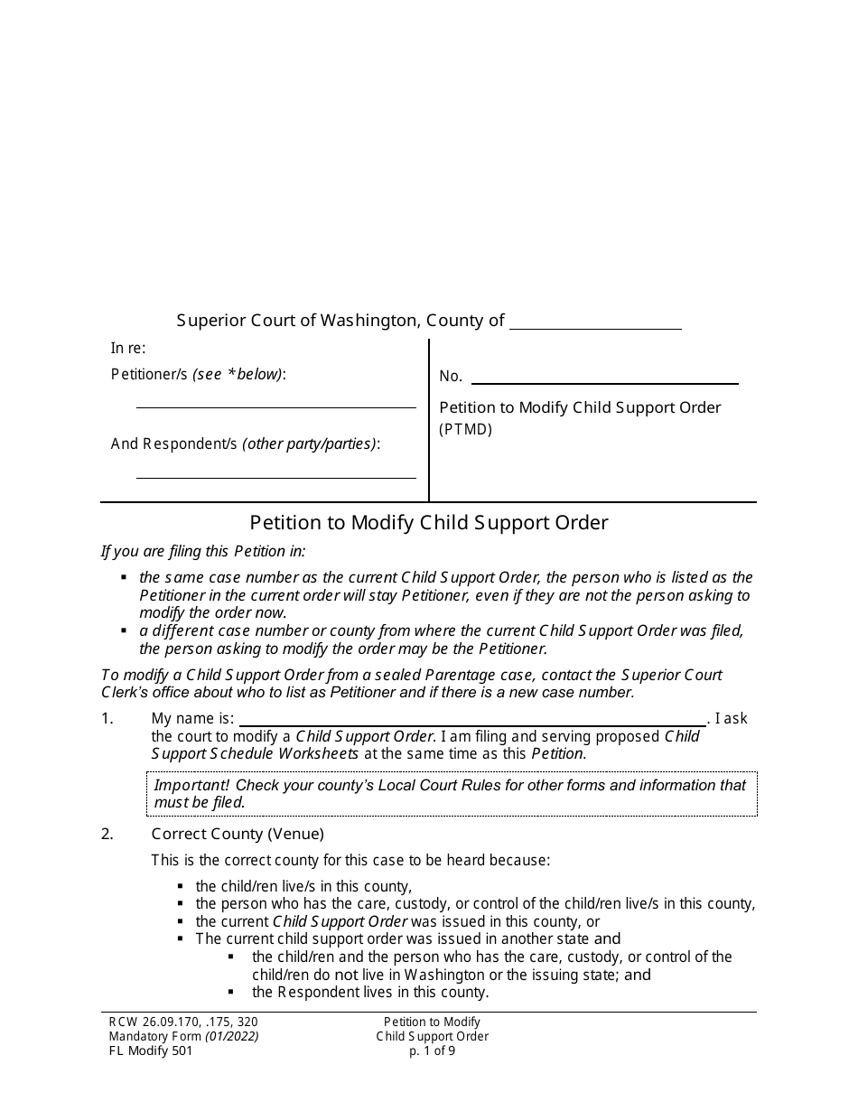 Form FL Modify501 Petition to Modify Child Support Order - Washington, Page 1