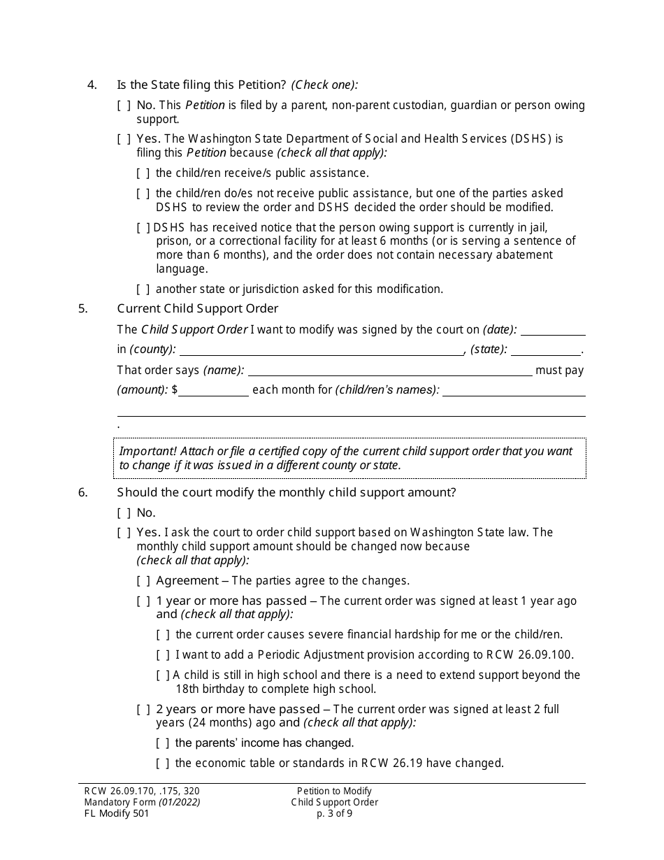 Form FL Modify501 Petition to Modify Child Support Order - Washington, Page 3