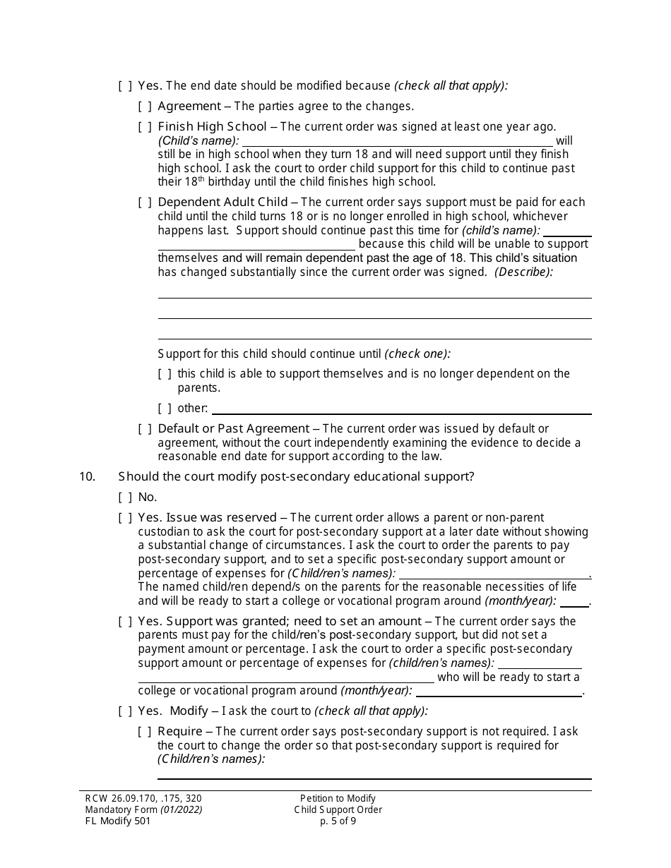 Form FL Modify501 Petition to Modify Child Support Order - Washington, Page 5