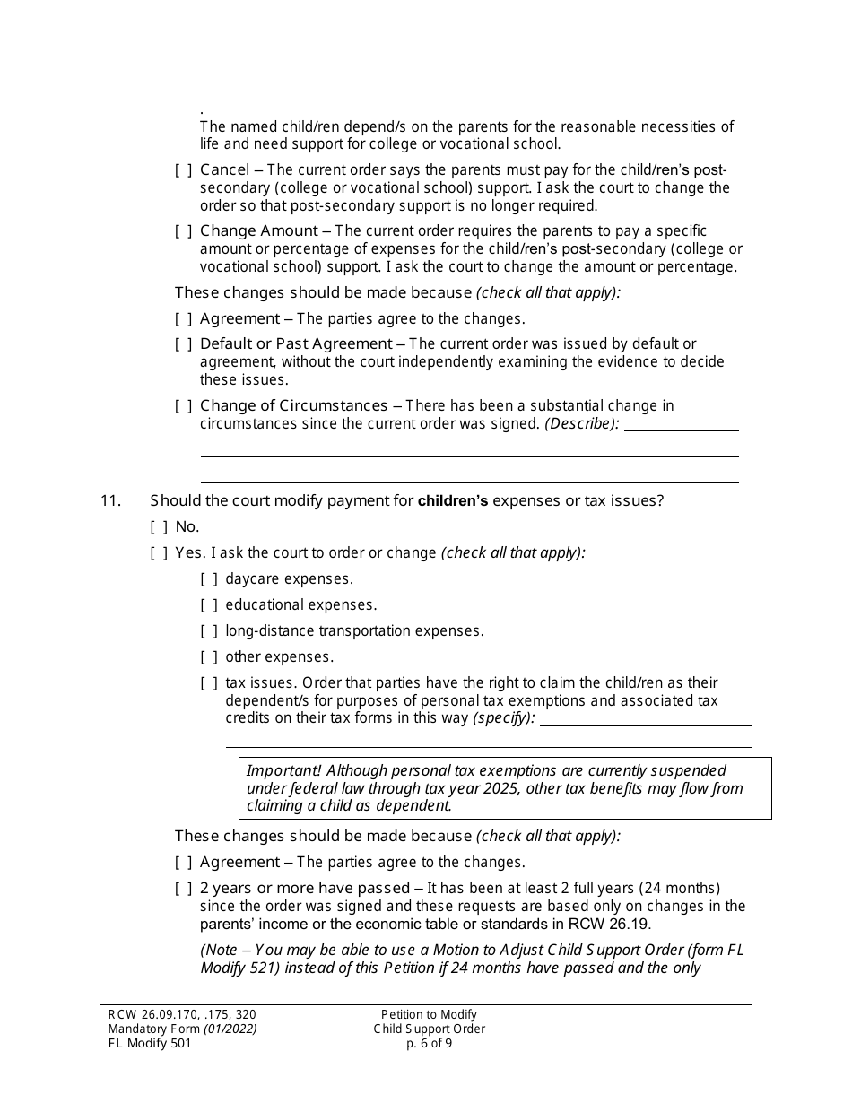 Form FL Modify501 Petition to Modify Child Support Order - Washington, Page 6