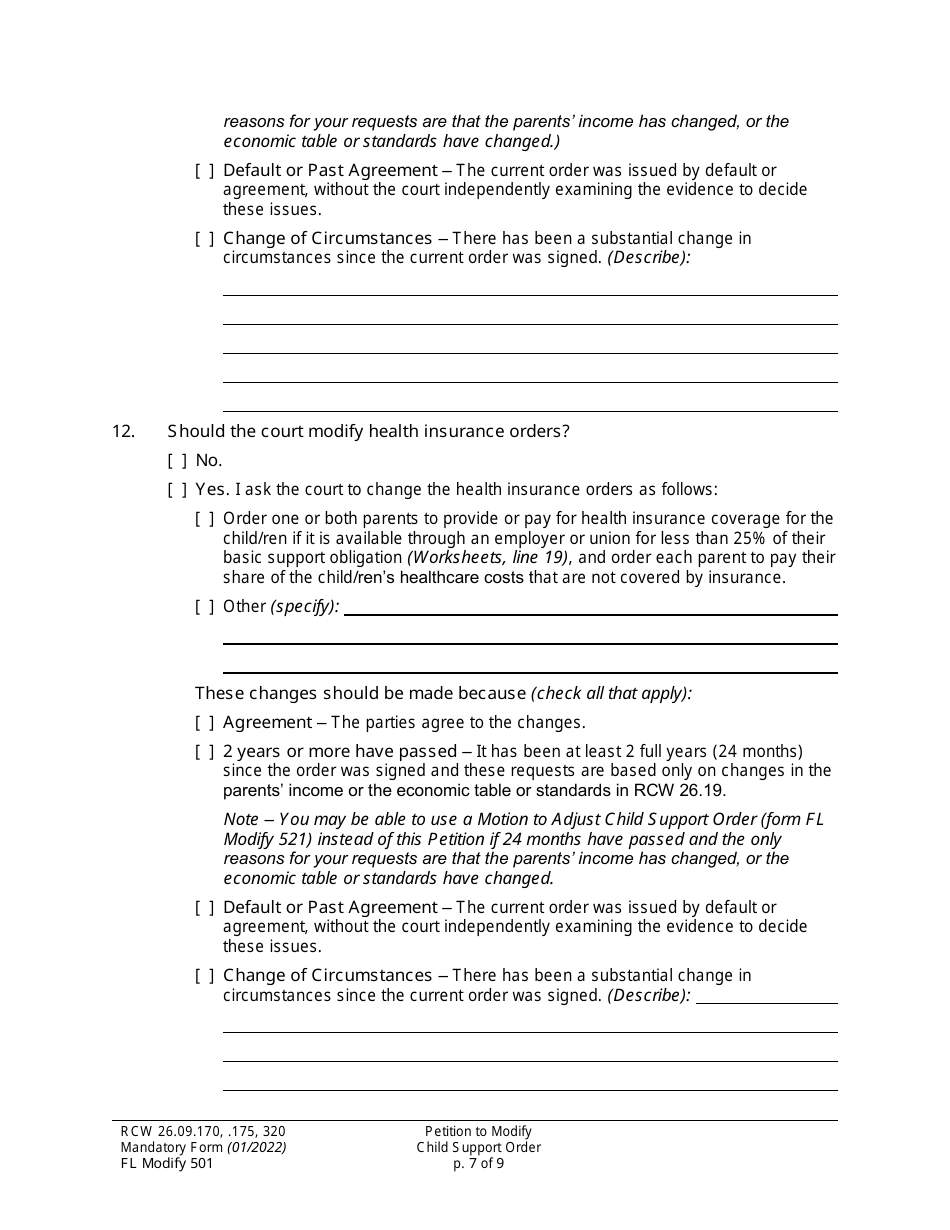 Form FL Modify501 Petition to Modify Child Support Order - Washington, Page 7