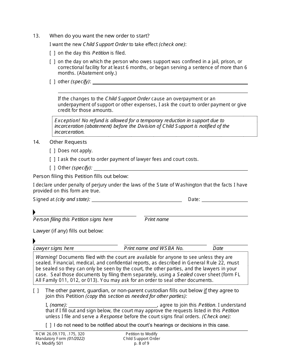 Form FL Modify501 Petition to Modify Child Support Order - Washington, Page 8