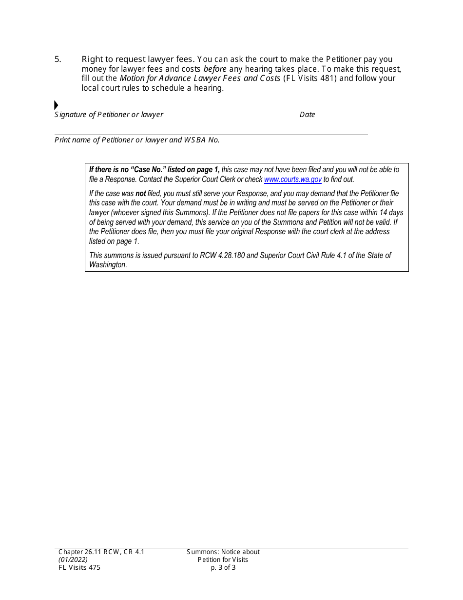 Form FL Visits475 Summons: Notice About Petition for Visits - Washington, Page 3