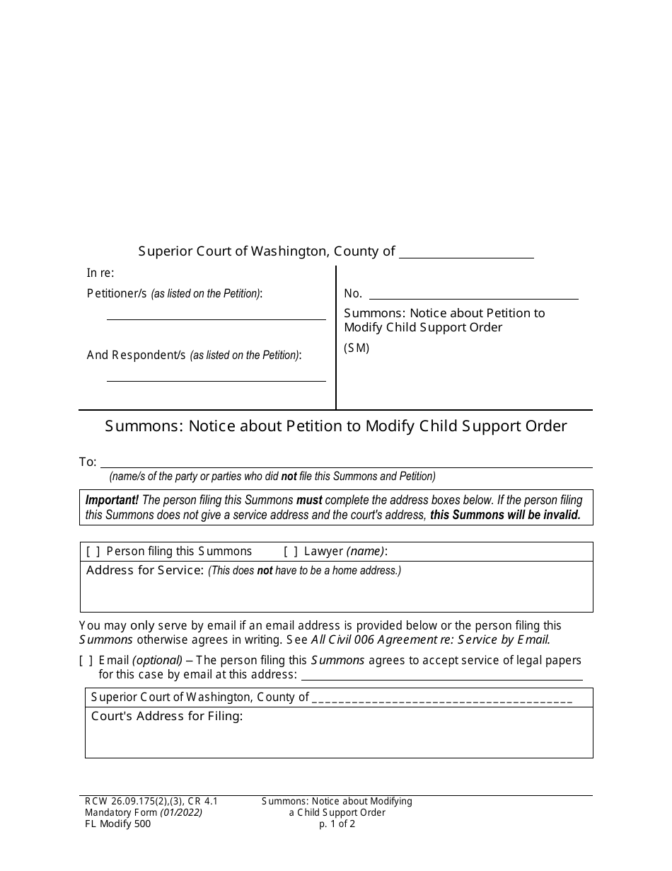 Form FL Modify500 Summons: Notice About Petition to Modify Child Support Order - Washington, Page 1