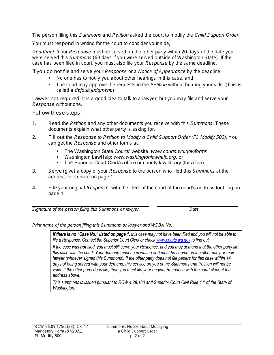 Form FL Modify500 Summons: Notice About Petition to Modify Child Support Order - Washington, Page 2