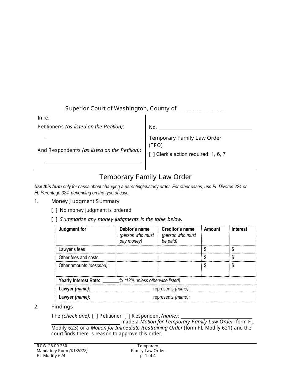 Form FL Modify624 Temporary Family Law Order - Washington, Page 1