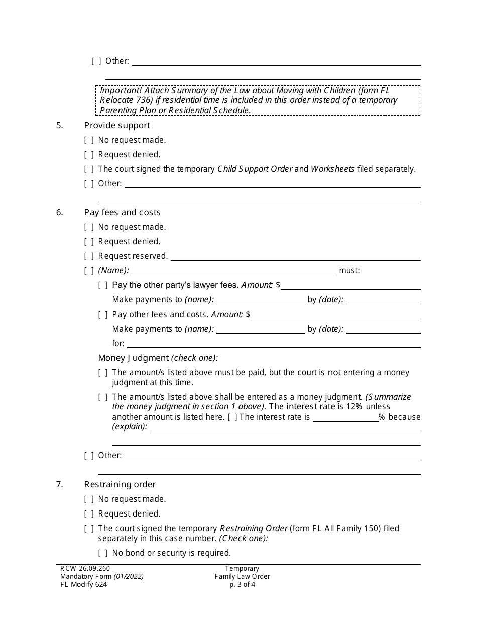 Form FL Modify624 Temporary Family Law Order - Washington, Page 3