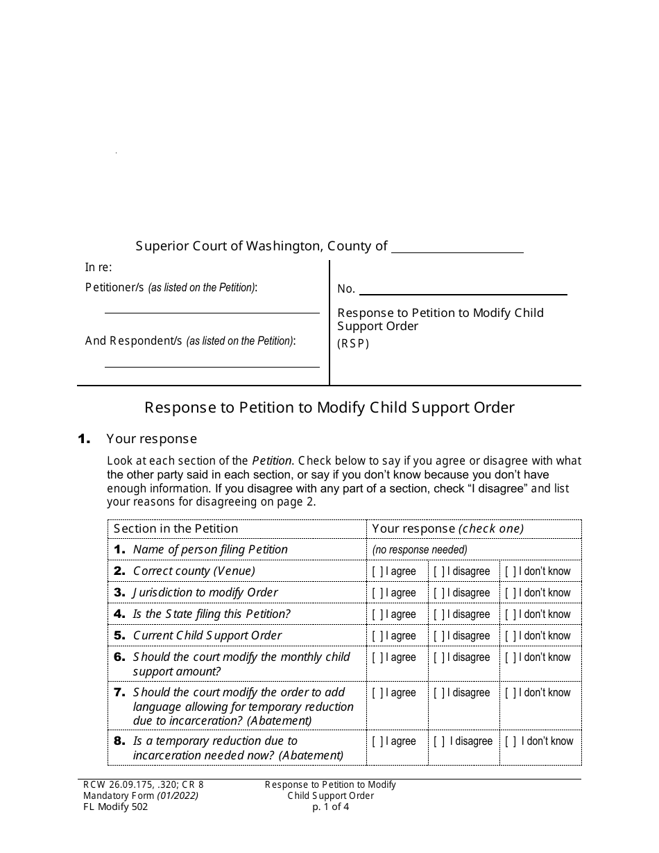 Form FL Modify502 Response to Petition to Modify Child Support Order - Washington, Page 1