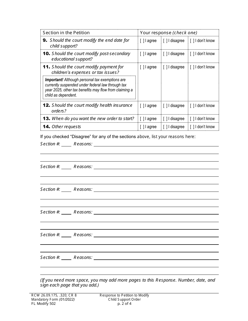 Form FL Modify502 Response to Petition to Modify Child Support Order - Washington, Page 2